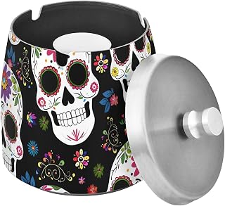 Skull Floral Pattern Splash Ashtray with Lid, Outdoor Ashtrays for Patio