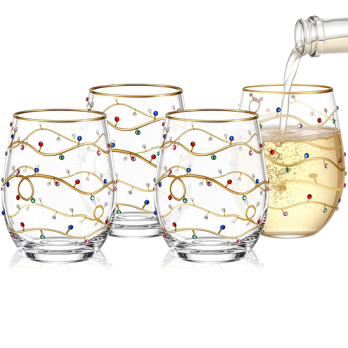 Vesici Stemless Wine Glasses, 19 oz Multicolor Rhinestone Set, 4 Pack