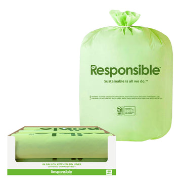 Compostable Tall Kitchen Trash Bags 64 Gallon - Heavy Duty Multipurpose Bin Liners for Food Scraps by Responsible Products – 1 Count (Pack of 120), Model RP-CKBAG64-120-120