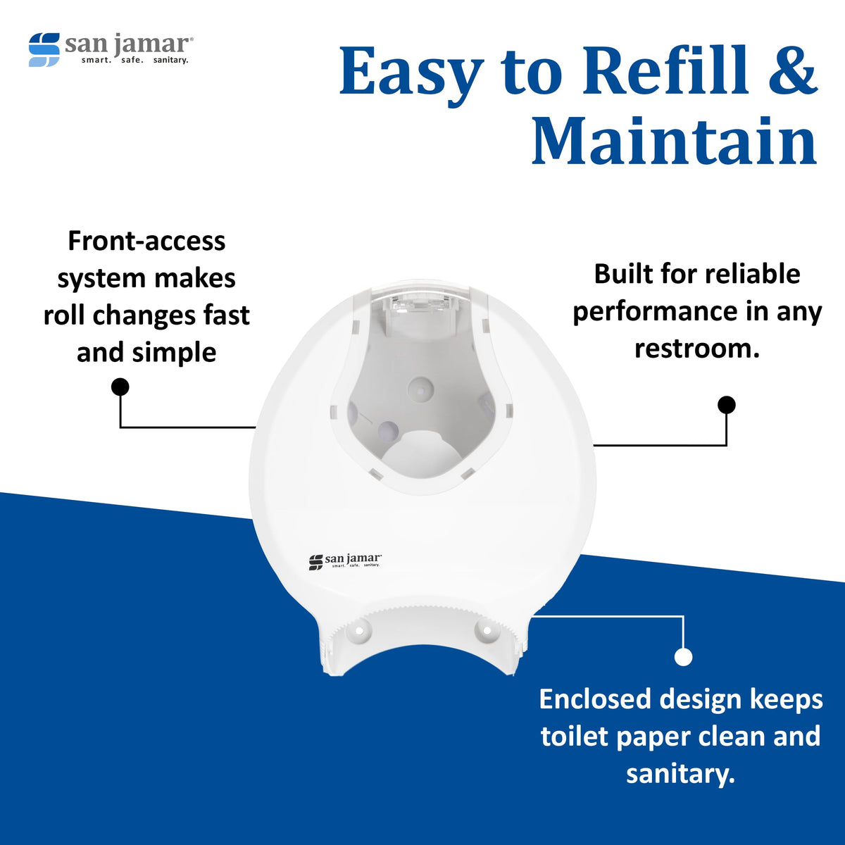 Sumit Plastic Single Roll Jumbo Tissue Dispenser by San Jamar – Plastic, White, Model R2070WHCL