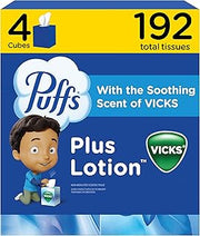 Puffs Plus Lotion with Vicks Facial Tissues, 4 Cubes, 48 Tissues per Box (192 Tissues) [Packaging May Vary]