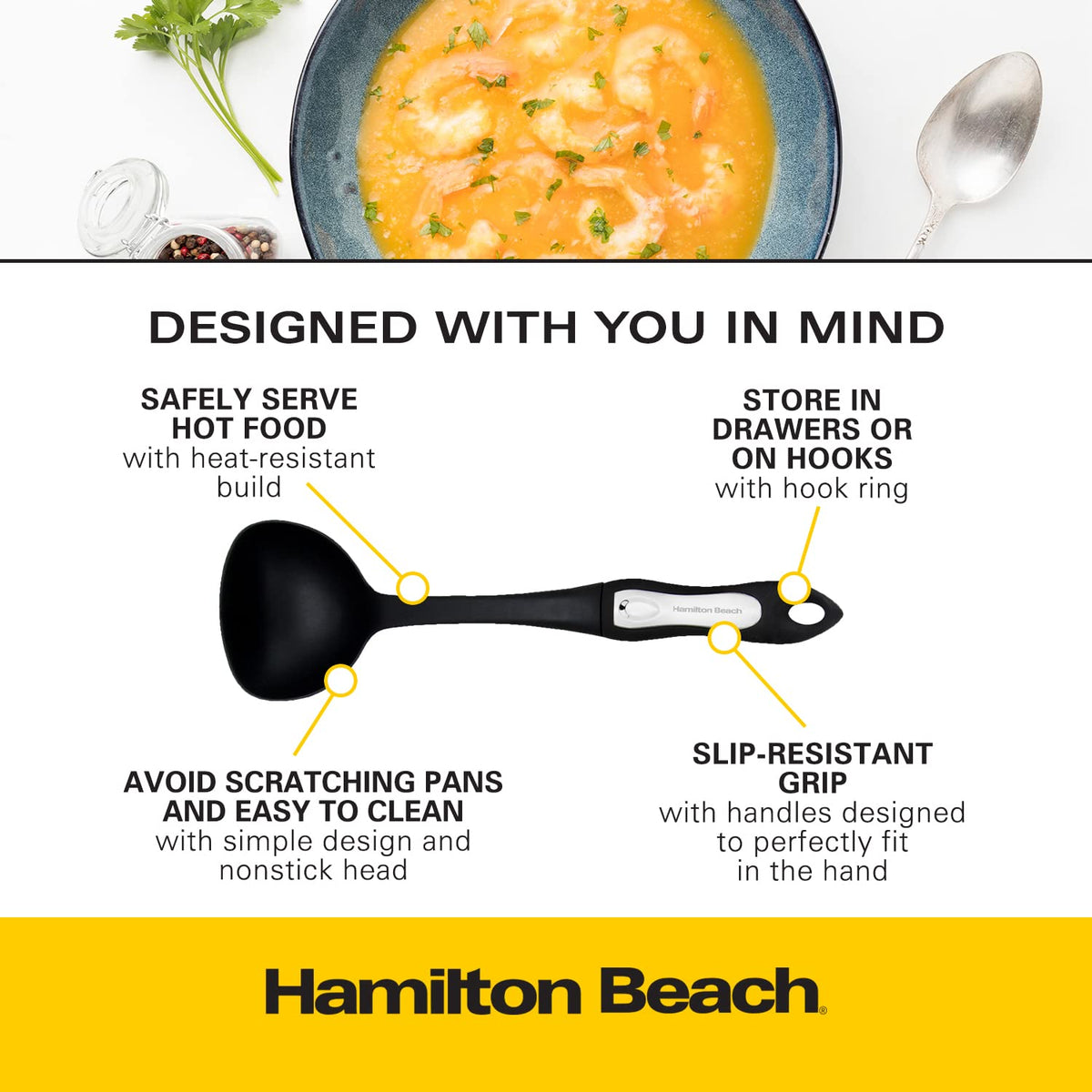 Plastic Ladle Spoon for Cooking | Non-Slip Solid Long Nylon Soft Touch Handle 13 inch | Non-stick Heat Resistant | Hygienic Spatula Spoon Design for Soups by Hamilton Beach –