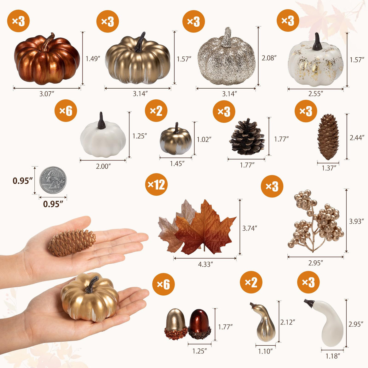 Keeplush Artificial Pumpkins Set, 52 Pieces, Gold Silver White