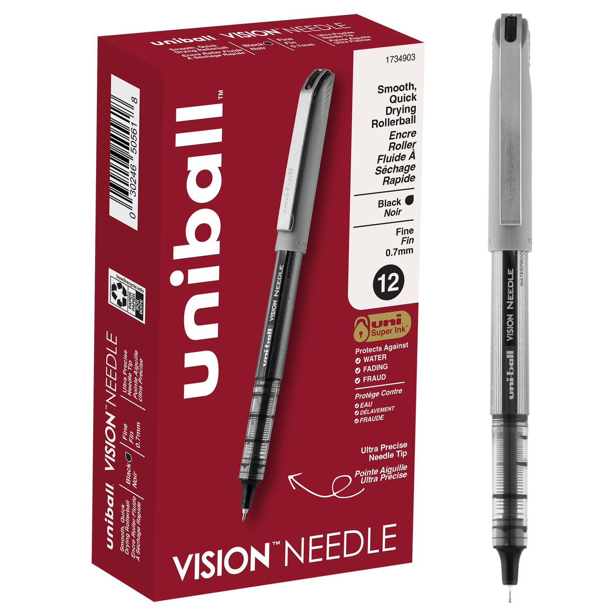 uniball Vision Needle Rollerball Pens by Uni-Ball – 12 Count, Plastic, Black, Pack of 12, Model 1734903