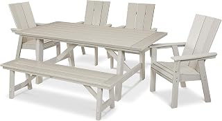 Polywood Modern Curveback Adirondack 6-Piece Rustic Farmhouse Dining Set with Bench in Sand