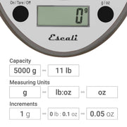 "Escali Primo Digital Kitchen Scale – Digital Food Scale Grams and Ounces for Cooking by San Jamar – 11 Pound Capacity, 0.0 ounces, Plastic, Metallic, Model SCDG11M