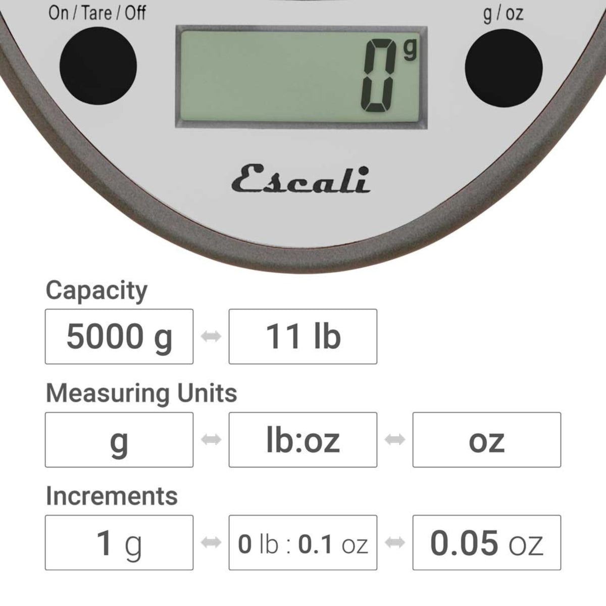 "Escali Primo Digital Kitchen Scale – Digital Food Scale Grams and Ounces for Cooking by San Jamar – 11 Pound Capacity, 0.0 ounces, Plastic, Metallic, Model SCDG11M