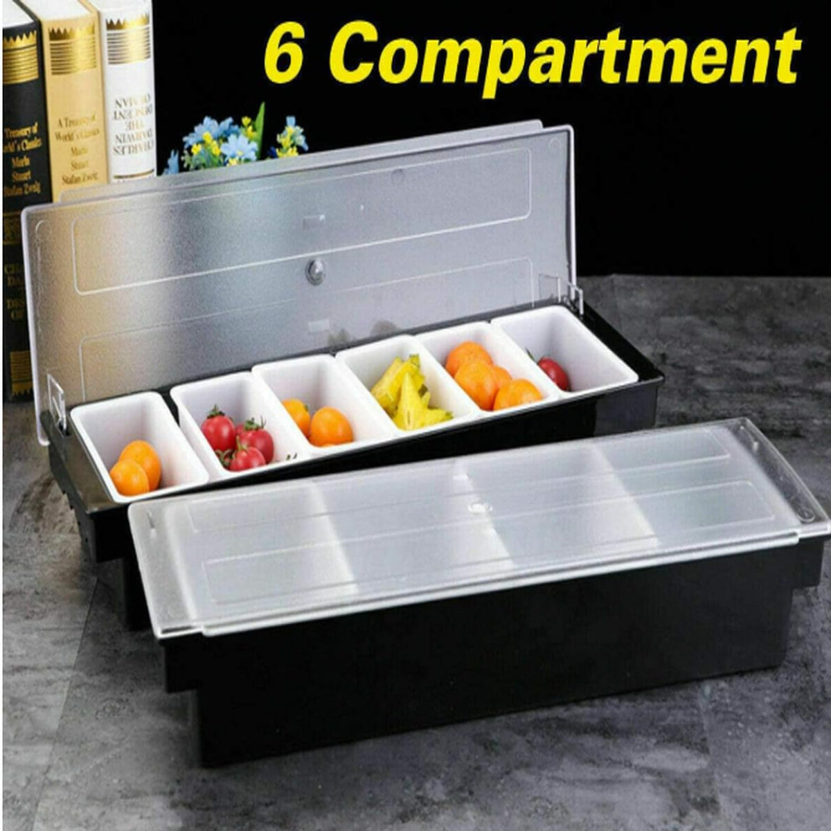 Tablecraft () 6-Compartment Black Plastic Condiment Holder by bar@drinkstuff – 6 Compartment, Plastic, Silver