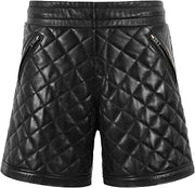 Men's Black Quilted Leather Shorts – High Waist Real Lambskin, Diamond Stitch Design with Zipper Pockets 6521