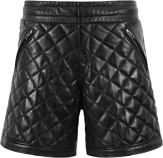 Men's Black Quilted Leather Shorts – High Waist Real Lambskin, Diamond Stitch Design with Zipper Pockets 6521