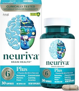 NEURIVA Plus Brain Supplements for Memory and Focus, Clinically Tested Nootropics Neurofactor and Phosphatidylserine, with Vitamin B12, Vitamin B6 and Folic Acid, 30 Count Capsules