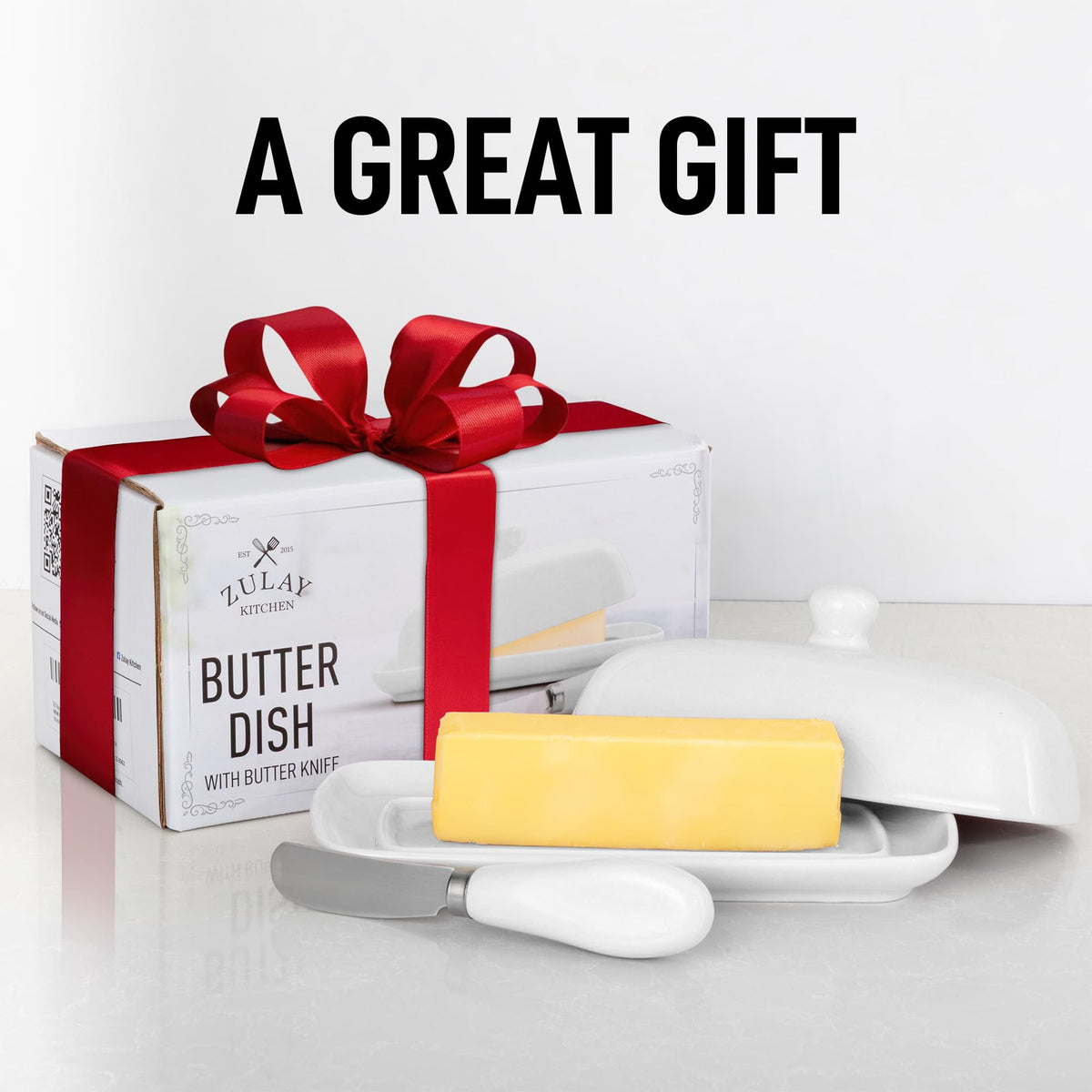 Zulay Kitchen Porcelain Butter Dish with Lid and Knife, White