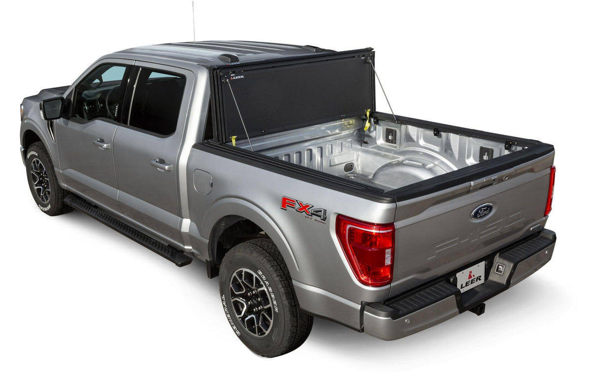HF350M 3-Panel Folding Tonneau Cover by LEER – Fiberglass-reinforced Polymer, Black, Model 631336