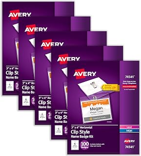Avery Customizable Name Badges, Clip Style, 3" x 4", Clear Name Tag Holders, White Laser/Inkjet Printable Inserts, 100 per Pack, 500 Total (5 Packs of 74541)