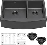 Ruvati 33-inch Gunmetal Black Stainless Steel 60/40 Double Bowl Apron-Front Farmhouse Kitchen Sink - RVH9742BL