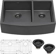 Ruvati 33-inch Gunmetal Black Stainless Steel 60/40 Double Bowl Apron-Front Farmhouse Kitchen Sink - RVH9742BL