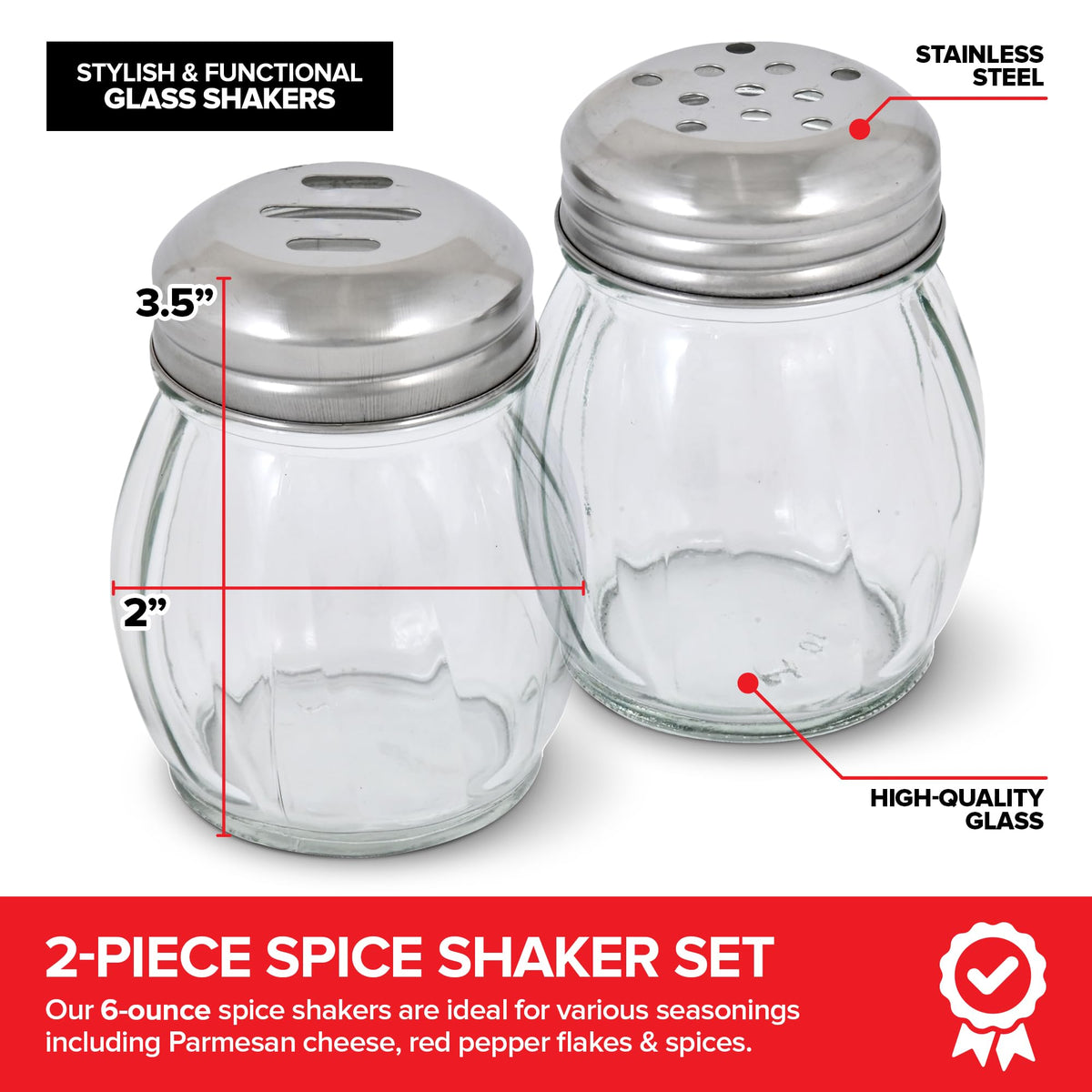 6-Ounces Glass Spices Shaker With Perforated Stainless Steel Top And Parmesan Cheese Shaker With Slotted Stainless Steel Top/Set of 2/Bulk Swirl Retro Style Dispensers With