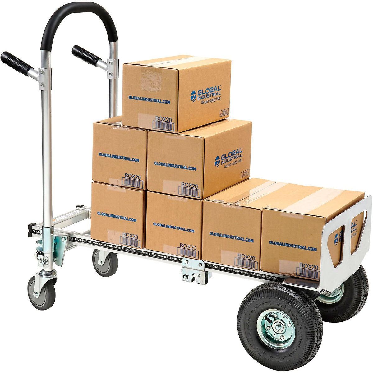 Aluminum 2-in-1 Convertible Hand Truck with Pneumatic Wheels - Junior by Global Industrial – 24"L x 60"W x 7"H, Aluminum, Gray, Model 241664