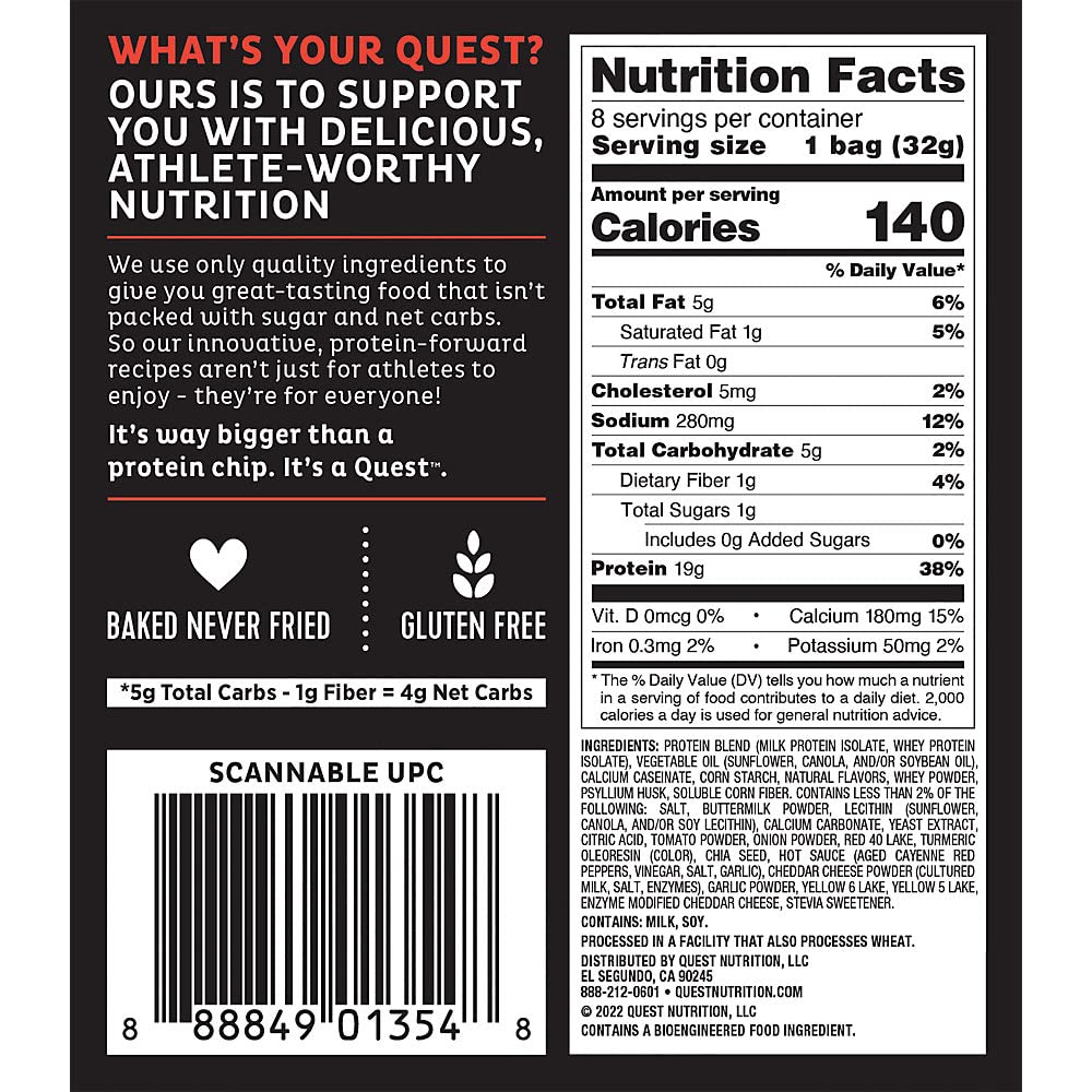 Tortilla Style Protein Chips - 19g Protein - Hot & Spicy (8 Bags) by Quest – 8x32g, No Color, Pack of 8, Model QUE055