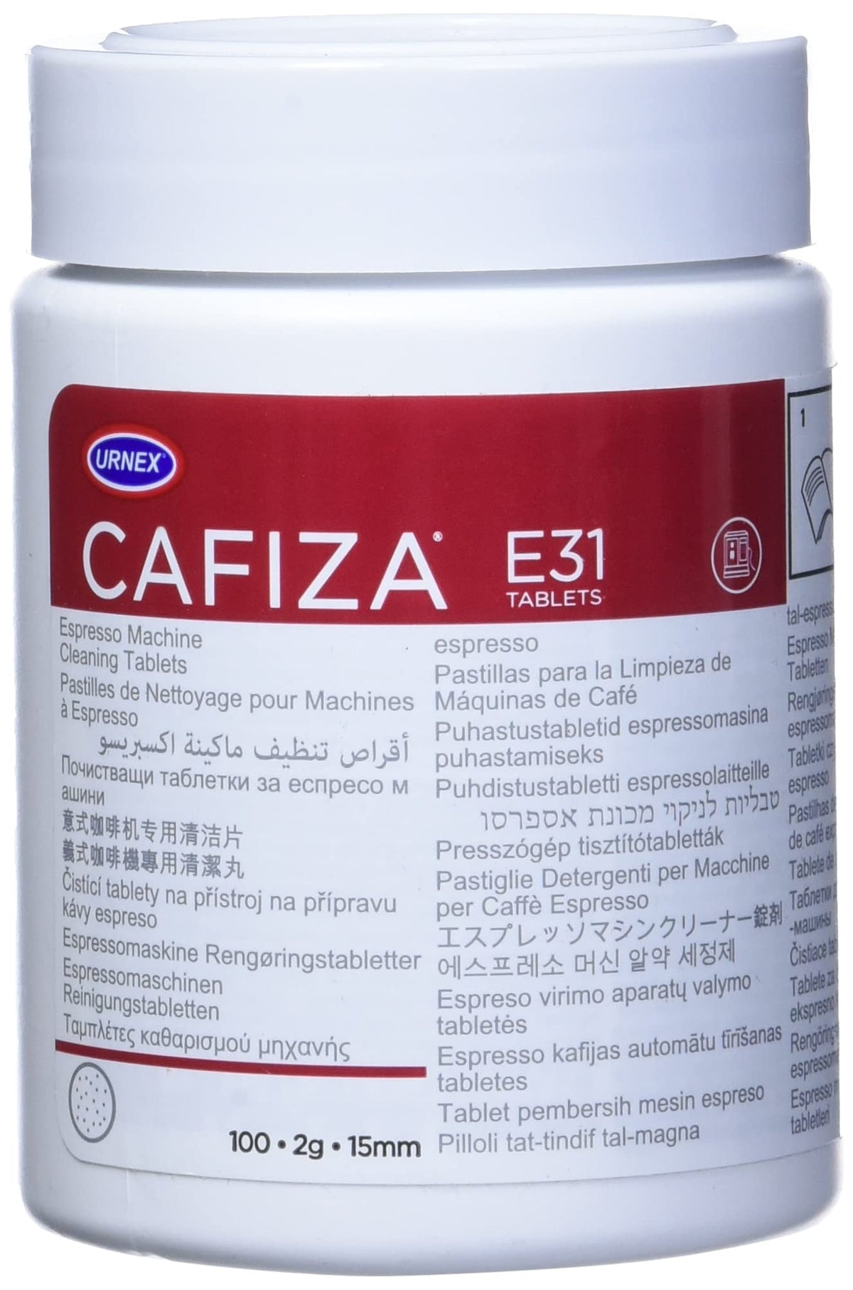 Cafiza Professional Espresso Machine Cleaning Tablets by Urnex – 100 Count (Pack of 1), 12-E31-UX100, White, Model 12-E31-UX100