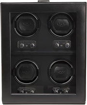 Wolf Heritage 4-Piece Winder with Glass Cover, Black - Secure Fit with Patented Lock-in Dynamic Cuff - for Bigger, Heavier Watches - Vegan Leather - Includes Universal Adapter