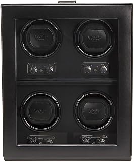 Wolf Heritage 4-Piece Winder with Glass Cover, Black - Secure Fit with Patented Lock-in Dynamic Cuff - for Bigger, Heavier Watches - Vegan Leather - Includes Universal Adapter