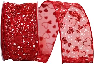 Reliant Ribbon Sheer Glitter & White Hearts Wired Edge Ribbon, 2-1/2 Inch X 20 Yards, Red