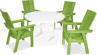 Polywood Modern Curveback Adirondack 5-Piece Nautical Trestle Dining Set in Lime/White