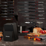 Astercook Knife Block Set with Sharpener, 15 Piece German Stainless Steel, Black