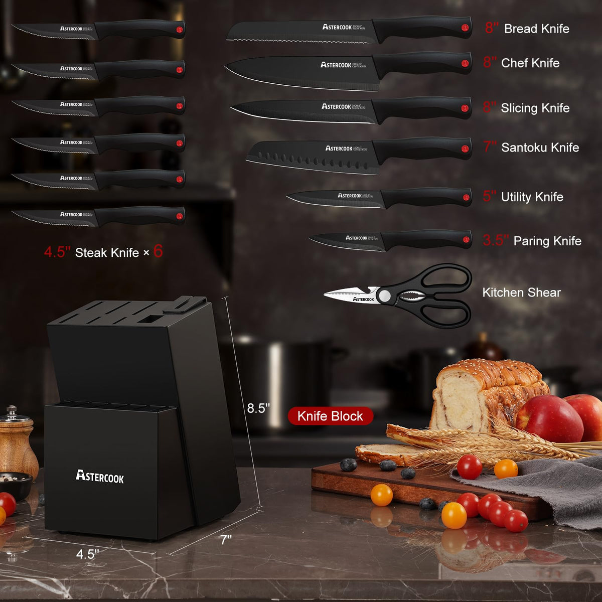 Astercook Knife Block Set with Sharpener, 15 Piece German Stainless Steel, Black