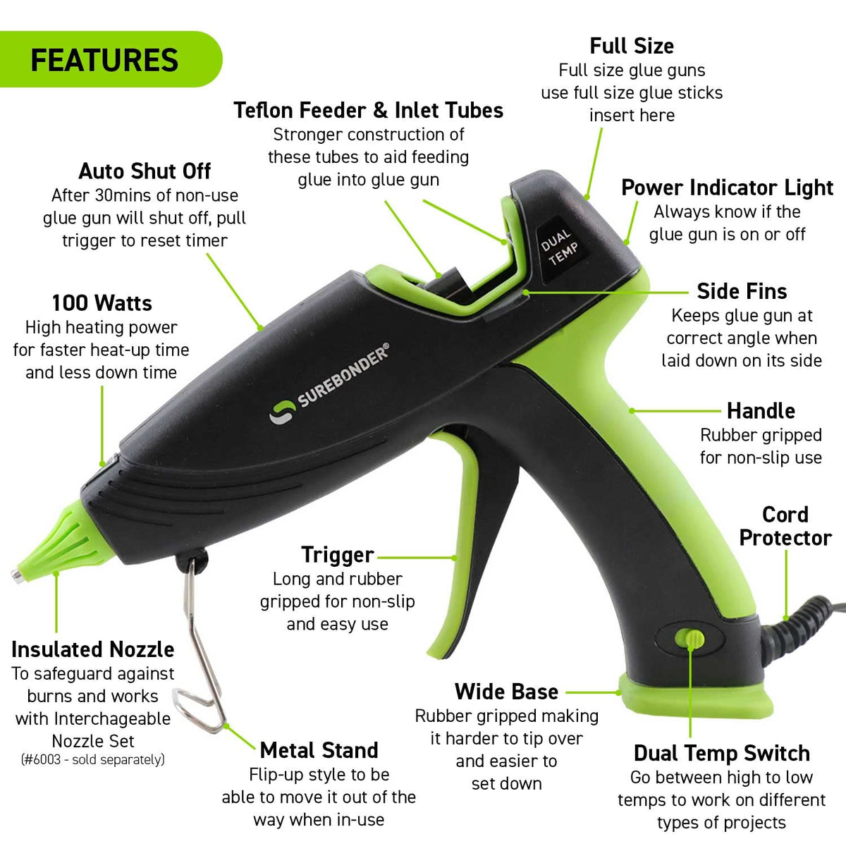 Hot Glue Gun and Glue Sticks by Surebonder – Black and Green, Model DT-3100FAMZS