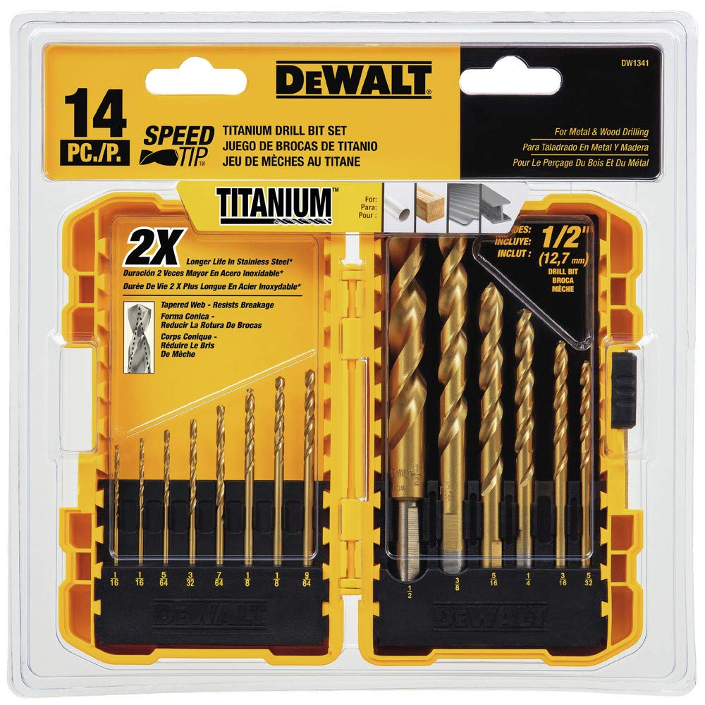 14-Piece Titanium Nitride Speed Tip Drill Bit Set by DEWALT – One Size, Titanium Nitride Coating, Multi, Model DW1341
