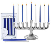 Zion Judaica Menorah with Candles, Polished Aluminum, Silver