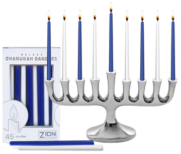 Zion Judaica Menorah with Candles, Polished Aluminum, Silver