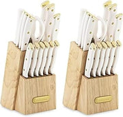 Farberware 15-Piece Knife Block Set, Triple-Riveted High-Carbon Stainless Steel Kitchen Knives, Razor Sharp Blades, Wood Storage Block, White/gold, 15-Piece (Pack of 2)