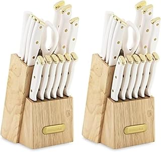 Farberware 15-Piece Knife Block Set, Triple-Riveted High-Carbon Stainless Steel Kitchen Knives, Razor Sharp Blades, Wood Storage Block, White/gold, 15-Piece (Pack of 2)