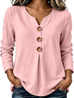 Womens Fall Linen-Like Button Down Shirts V Neck Long Sleeve Pullover Tops