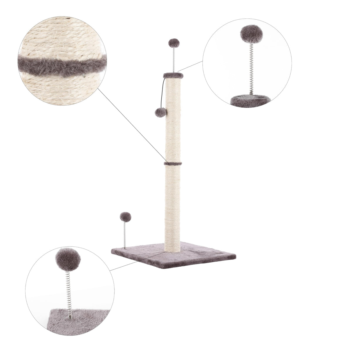 Rylie 38" Farmhouse Sisal Pillar Cat Scratching Post with Fuzzy Toys and Spring Balls by THE LICKER STORE – Plush/Sisal Rope, Gray/Cream, Model CTR1010A
