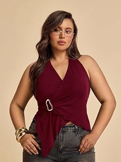 Women's Plus Size Sleeveless Asymmetrical Hem Y2k Going Out Tank Top Metal Ring Wrap Halter Tops