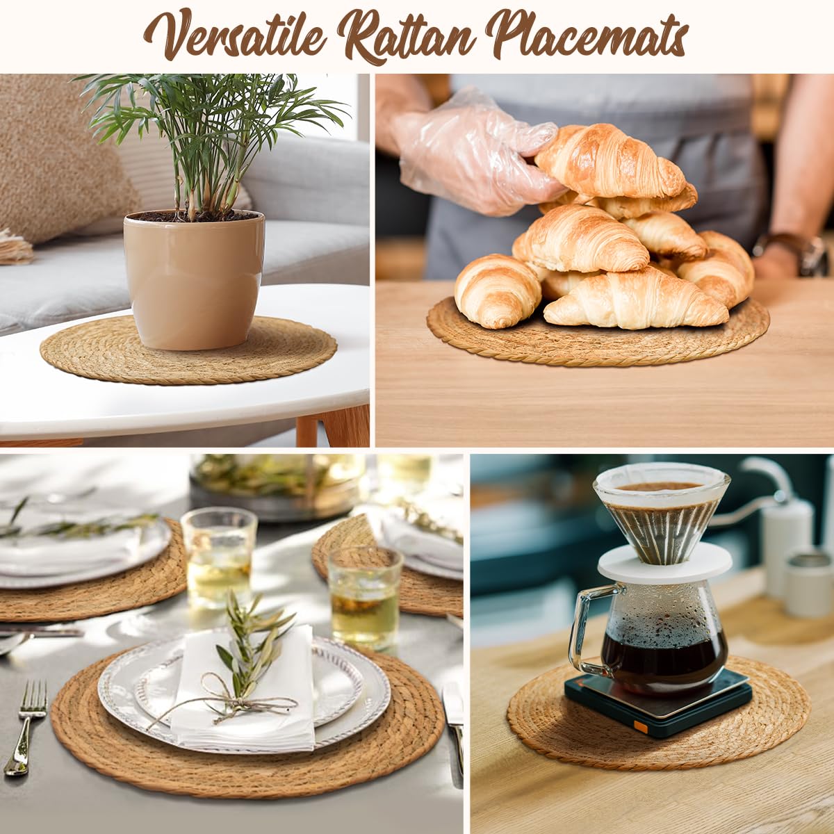 Bavify Round Woven Placemats, 13 Inch Diameter, Set of 10, Natural