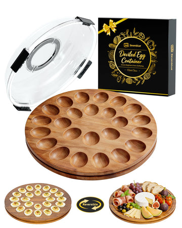 Sevenblue Deviled Egg Tray with Lid, Acacia Wood, Reversible Charcuterie Board, Black