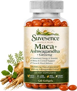 3-in-1 Maca Root + Ashwagandha + Panax Ginseng Supplement, 120 Count | Natural Complex, Energy, Stamina & Focus, 2 Month Supply, Vegan Softgels