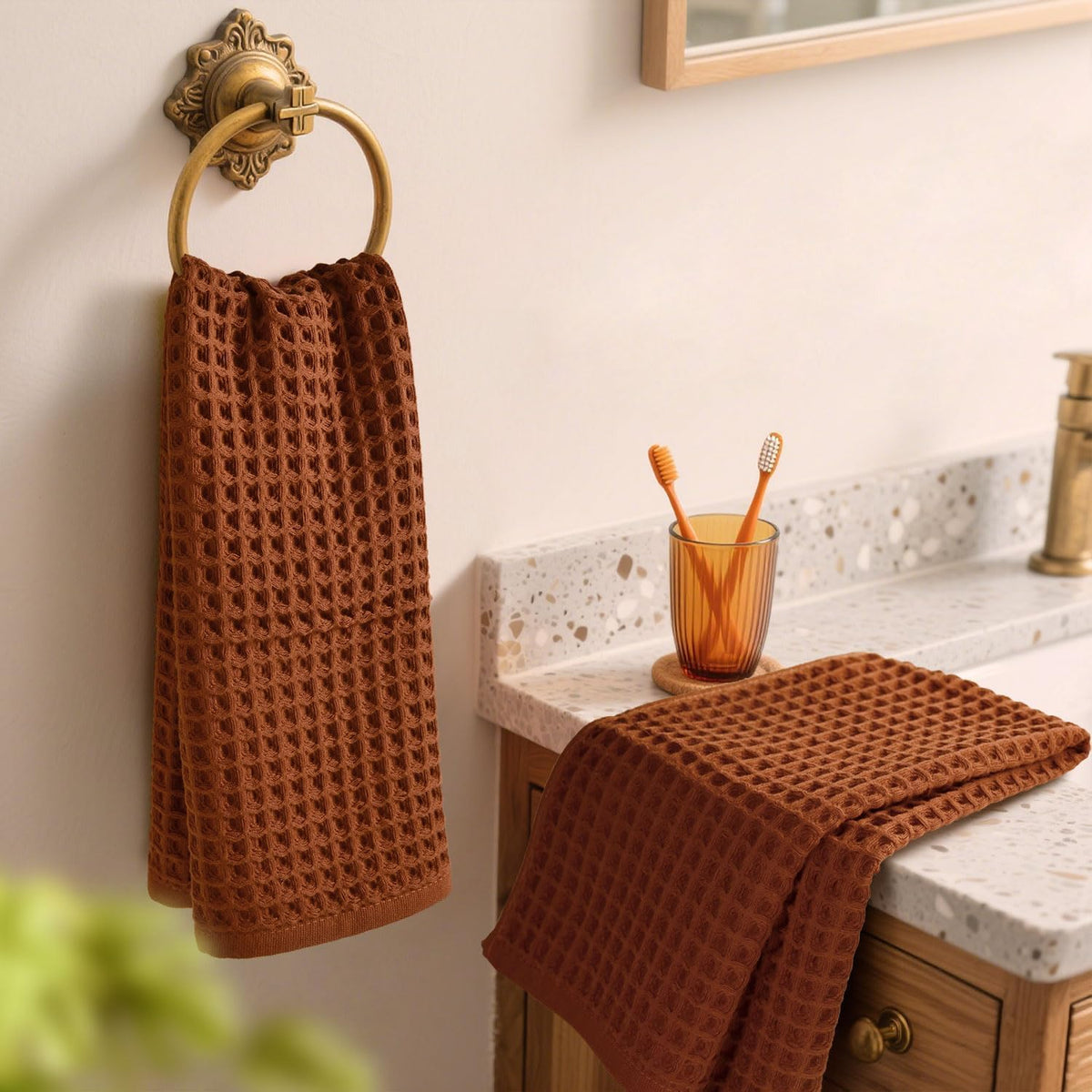 Jacquotha Waffle Hand Towels, 100 Percent Cotton, Rust, Set of 2