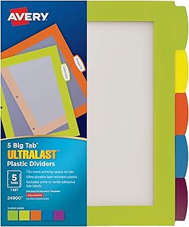 Avery Ultralast Big Tab Plastic Dividers for 3 Ring Binders, 5-Tab Set, Multicolor with White Labels, 1 Set (24900)