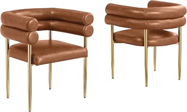 Modern Double Bolster Dining Chairs Set of 2, Leath-Aire Upholstered Tub Chairs with Gold Base, Mid-Century Accent Chairs for Dining Room, Living Room, & Office (Toffee/Gold)