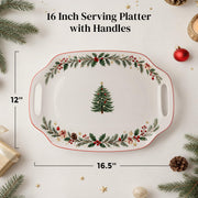 DOWAN Ceramic Serving Platter, 16.5 Inch Rectangular with Handles, White Christmas