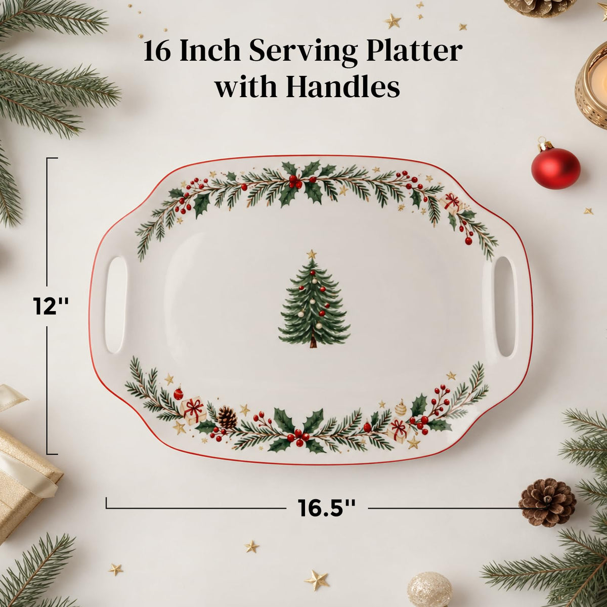 DOWAN Ceramic Serving Platter, 16.5 Inch Rectangular with Handles, White Christmas