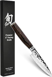 Shun Premier 4" Paring Knife, Handcrafted Japanese Vegetable & Fruit Knife, VG-MAX Core with Damascus Stainless Steel Cladding, Pakkawood Handle, Small Tool for Peeling, Coring & Cutting
