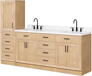 93" Oak Solid Wood Bathroom Vanity With Linen Cabinet Set by ARIEL
