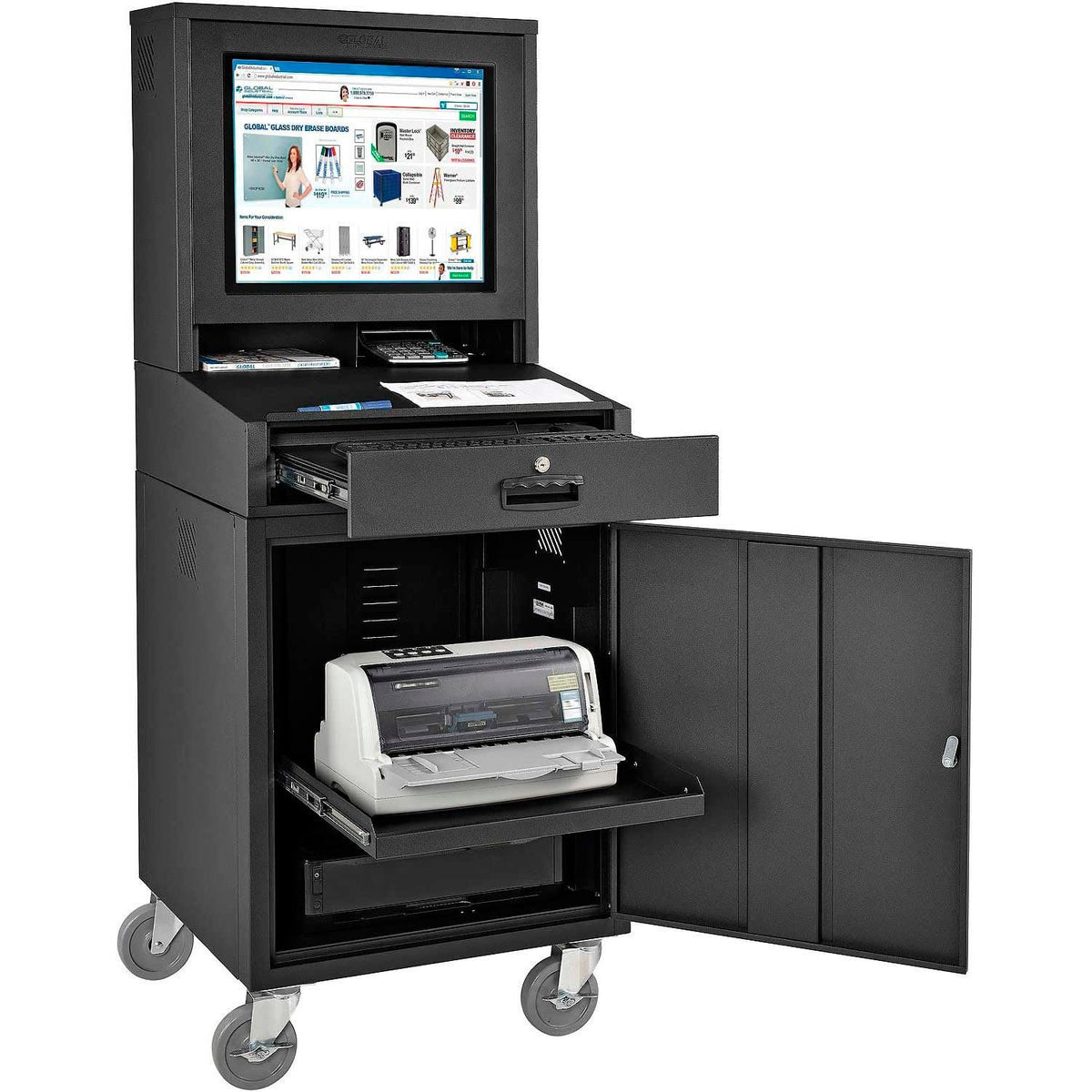 Mobile Security LCD Computer Cabinet Enclosure by Global Industrial – Alloy Steel, Black, Model 239115BKA